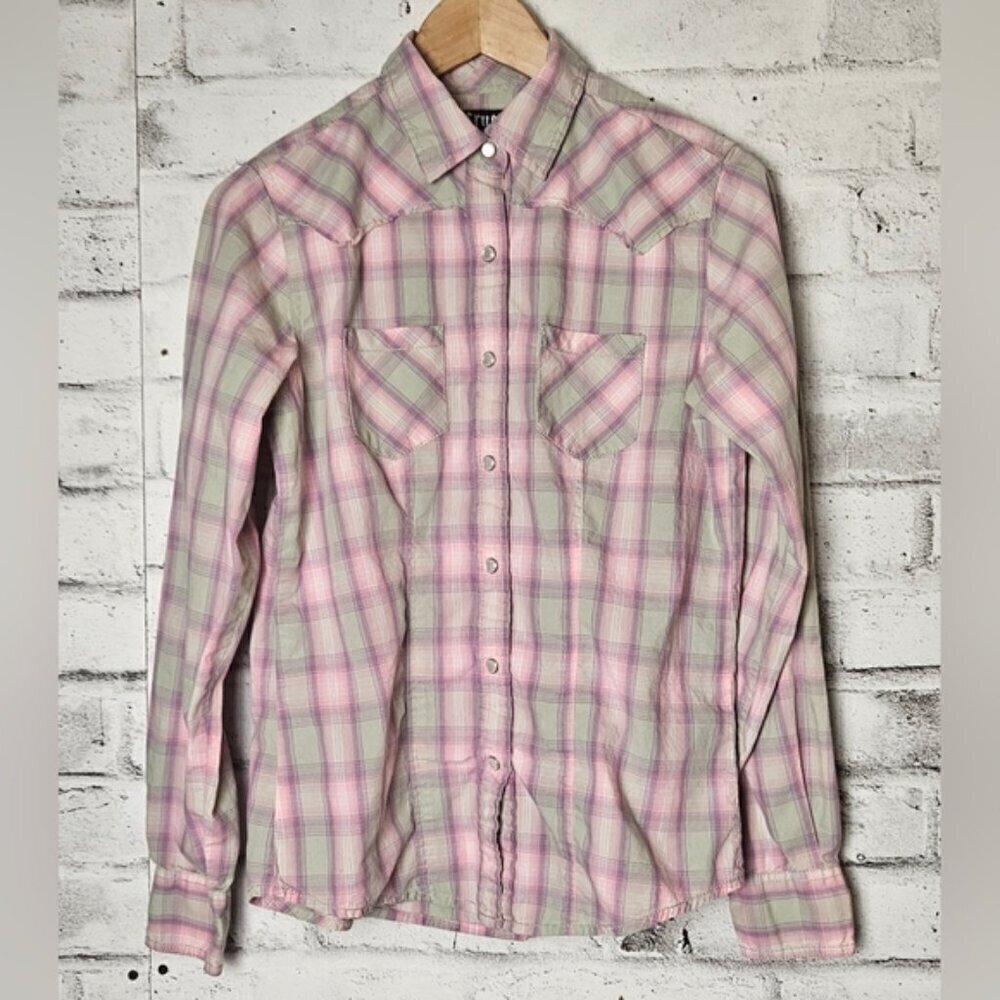 Cruel Girl Western Pearl Snap Shirt Pink Mint Plaid Cowgirl Button Down